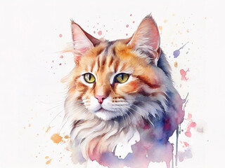 Cat head, colorfull  watercolor painting. Isolated white background