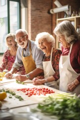 Group of joyful seniors enjoying a cooking class together, laughing and preparing fresh ingredients, natural light, vertical Concept: Senior activity, cooking class, healthy lifestyle, joy, community