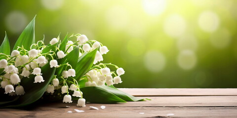 Spring background. White lily of the valley flowers on the background of a wooden table. Generative AI