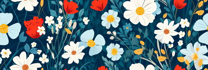Summer flowers pattern in flat style , wallpaper , Generative AI
