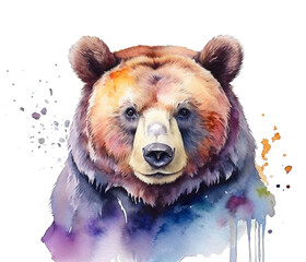 Bear head watercolor painting, animal, watercolor vector illustration isolated on white background.