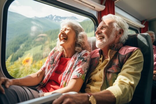Senior couple joyfully traveling by train with scenic mountain view, vibrant colors, laughter and happiness, copy space on the window Concept: Senior travel, leisure, happy retirement, adventure, jou