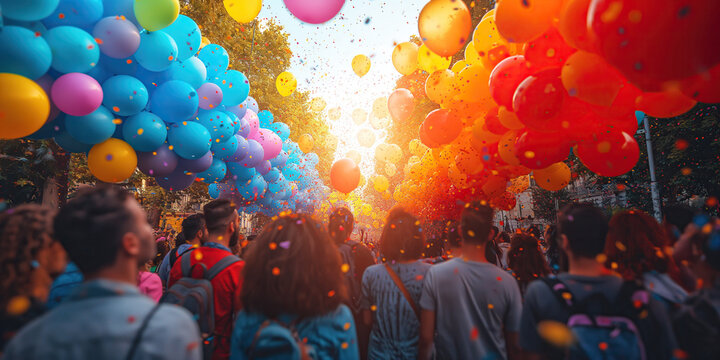 crowd of people at LGBT parade pride in festival march on street in summer