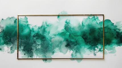 Abstract Emerald Watercolor Painting in Gold Frame on White Wall