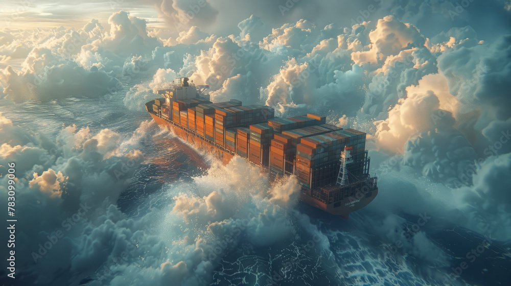 Wall mural close shot of container ship is flying in air with clouds like sea waves 