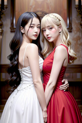 Fototapeta premium 黒髪と金髪の美女のドレスを着たモデル