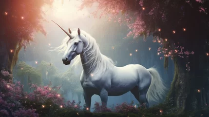 Gordijnen Majestic Unicorn in Enchanted Forest with Blooming Flowers © Julia Jones