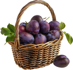 Ripe plums with green leaves in a wicker basket cut out png on transparent background