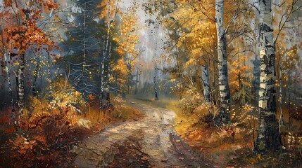 Fototapeta premium Autumn forest nature. Vivid morning in colorful forest with sun rays through branches of trees.