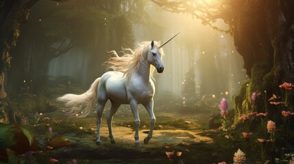 Obraz na płótnie Canvas Majestic Unicorn in Enchanted Forest Sunshine