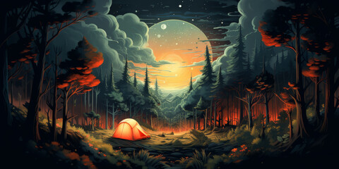 Illustration of a horizontal night fairytale landscape. A tourist tent in a clearing in a scary magical forest, a huge moon in the sky.