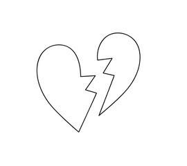 Broken heart simple doodle outline vector illustration, cute thin anime line symbol of unhappiness, divorce, breaukup, end of love, relationship, simple linear icon