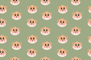 Seamless pattern with flat kawaii cute hamster face, head for kids, children isolated on green background