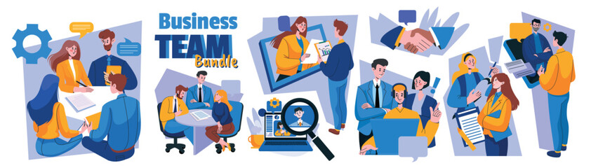 Business team. Work people, professional teamwork group at office, meeting communication, career presentation, company speak, conversation discussion. Vector character, cartoon flat isolated concept
