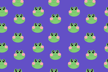 Seamless pattern with cute kawaii green face of frogs for nursery, print or textile for kids on purple background