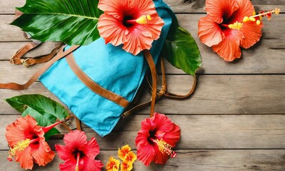 Summer beach bag and hibiscus flowers on wooden 