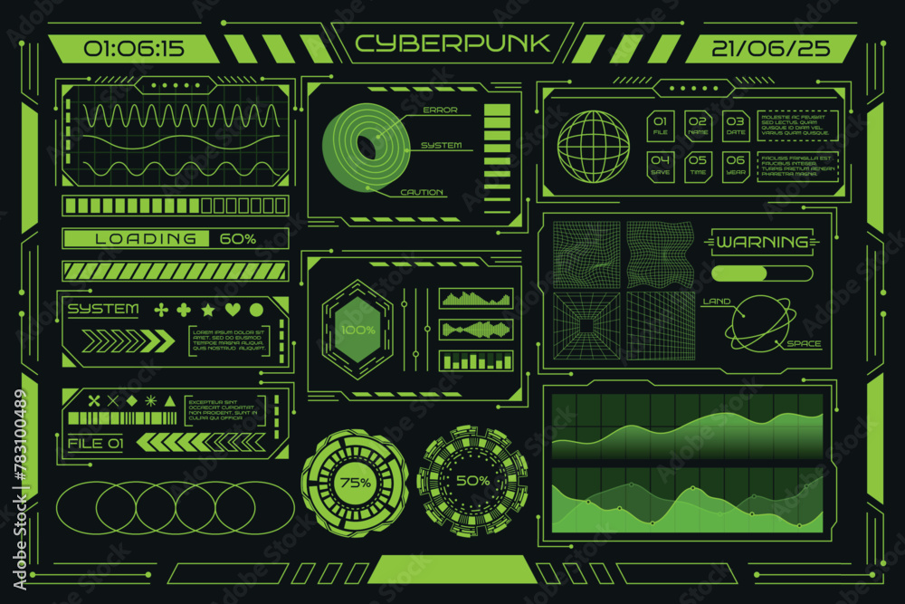 Aufkleber retro cyberpunk. abstract poster. neon grid graphic design. 3d hud chart icon. modern techno rave ba