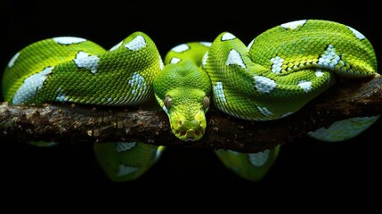 Fototapeta premium Vibrant Green Python Coiled on Tree Branch