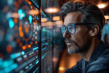 Man in server room with illuminated racks of data equipment