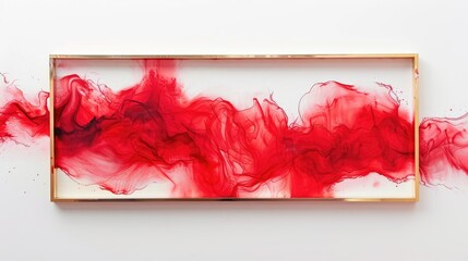Vibrant Red Abstract Art in Golden Frame on White Background