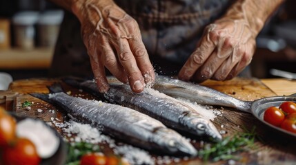 Chef Seasoning Fresh Fish on Wooden Board