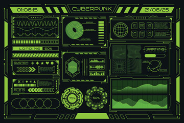 Retro cyberpunk. Abstract poster. Neon grid graphic design. 3D HUD chart icon. Modern techno rave background. Green line frame. World sphere. Data infographic. Digital typography. Vector garish set