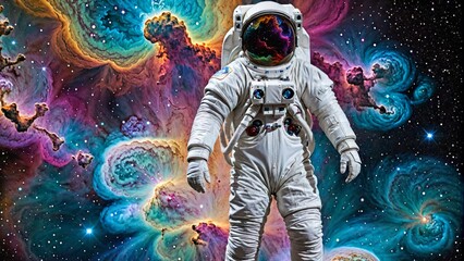Astronaut in space suite on colorful swirling nebula abstract background