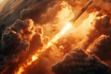 Rocket ascending through clouds with fiery trail