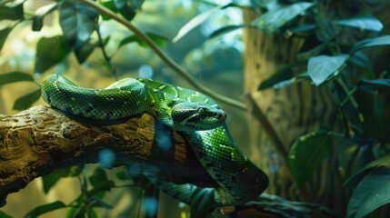 Emerald Tree Boa Coiled on Branch in Lush Greenery