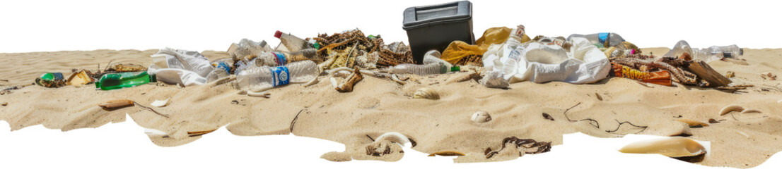 Plastic pollution on sandy beach cut out png on transparent background