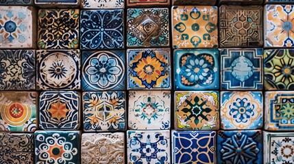 Fototapeta na wymiar A high-quality array of tiles painted in varying shades of blue, encapsulating the essence of traditional design and craftsmanship, ideal for interior decor, cultural storytelling