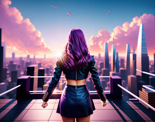 A woman standing on a rooftop overlooking a city skyline. - Powered by Adobe