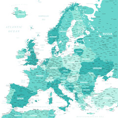 Europe - Highly Detailed Vector Map of the Europe. Ideally for the Print Posters. Turquoise Blue Green Retro Style