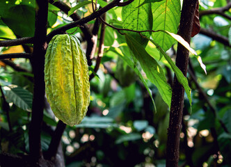 Close-up of green raw Cacao pods grow on trees. The cacao fruits, Raw cocoa cacao tree plant fruit...