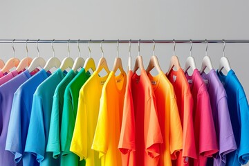 Row of colorful T-shirts on white hangers