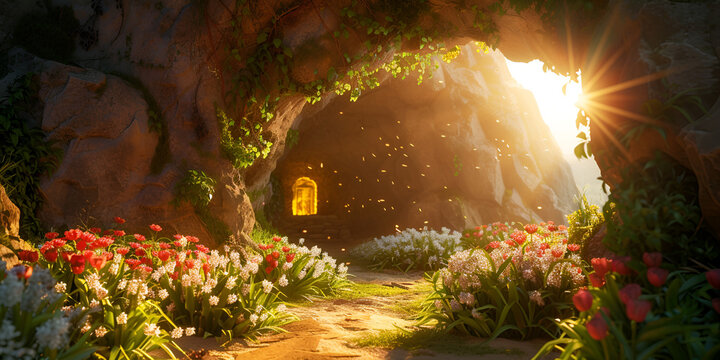 Magical secret garden with dreamy morning sun Flowers trees and hidden enchanted garden with sunshine background 