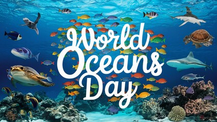 June 8, World oceans day, with underwater ocean, dolphin, shark, coral, sea plants, stingray and...
