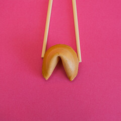 Chopsticks hold a fortune cookie on bright pink background. Flat lay, top view. Minimalism