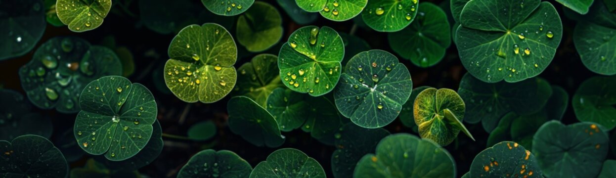 Top view of the lush green leaves of a water clover with water droplets on them