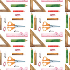 Stationery pattern for school or office, seamless watercolor pattern, set of pencils, notebooks, erasers, globe, polish, student set