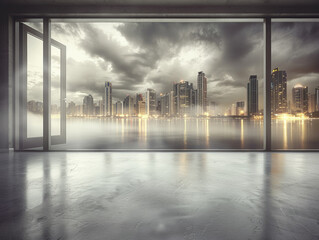 A city skyline is visible through a window in a building. The city is lit up at night, and the water is calm. Scene is serene and peaceful, with the city's lights reflecting on the water