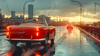 Classic car on the road in the city at sunset
