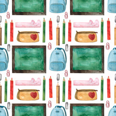 Stationery pattern for school or office, seamless watercolor pattern, set of pencils, notebooks, erasers, globe, polish, student set