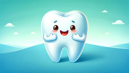 Cute smiling tooth character with a backdrop of blue sky, perfect for dental hygiene and children’s dental care campaigns.
