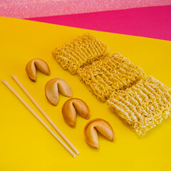 A fortune cookies, dried noodles and chopsticks are laid out in lines on yellow and pink backgrounds, creative concept - 783102075