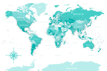 World Map - Highly Detailed Vector Map of the World. Ideally for the Print Posters. Turquoise Blue Green Spot Retro Style. - obrazy, fototapety, plakaty