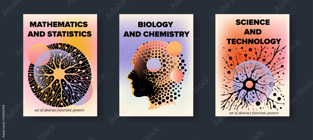 Poster Set of science-themed posters with abstract compositions of geometric figures and simple stylized illustrations of the human head and nerve cells.