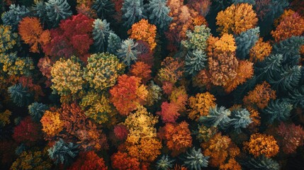 Fototapeta na wymiar Autumn Splendor from Above: Vibrant Forest Canopy