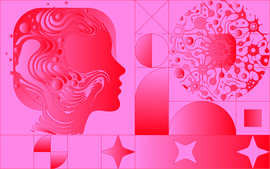 Brutalist collage with geometric elements and illustration of human head in bold bright pink and red colors.