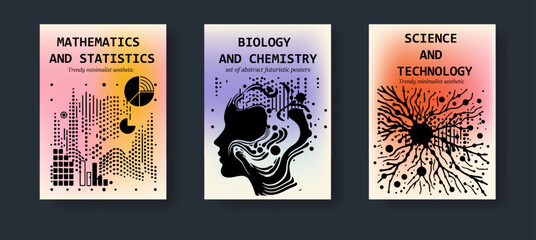 Set of science-themed posters with abstract compositions of geometric figures and simple stylized illustrations of the human head and nerve cells.